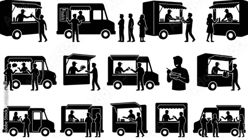 Food  Drink Industry: Food Trucks, Vendors  Customers - Silhouette Glyphs Set