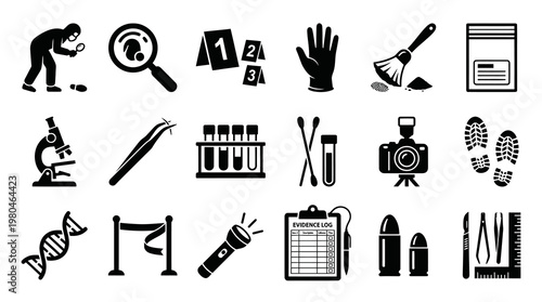 Forensic Investigation Glyph Icon Set: Crime Scene Tools, Evidence  Lab Elements