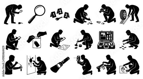 Crime Scene Investigation Icons: Forensics, Evidence Collection, Magnifying Glass, Gun