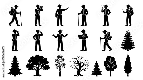 Outdoor Nature Forestry Glyph Icons: Black  White People and Tree Silhouettes Set