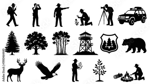 National Park  Outdoor Activity Icons - Black  White Silhouette Glyphs