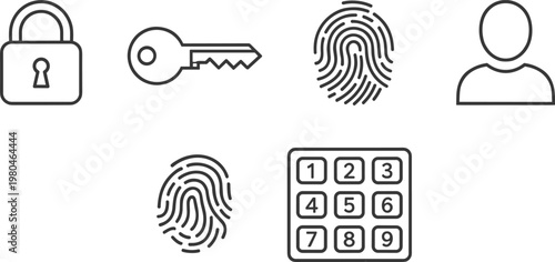 Minimal outline cybersecurity icon set featuring lock key fingerprint user keypad symbols for authentication privacy protection interface design