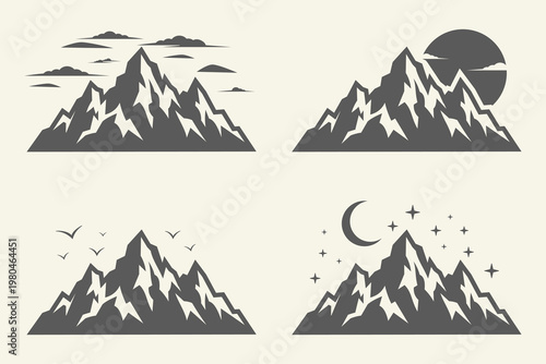 Minimalist Mountain Peaks with Sun, Moon, and Clouds Vector