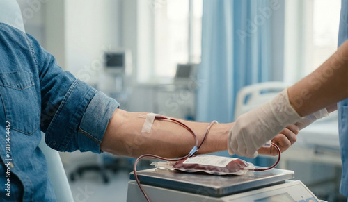 Close-up of a patient's arm during a crucial blood donation procedure in a modern hospital setting, highlighting the invaluable contribution to public health and life-saving efforts