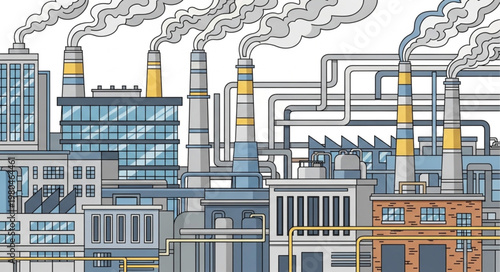 Industrial factory complex with smoking chimneys and pipes.