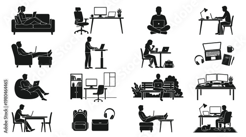 Remote Work  Study Glyphs: People, Laptops, Desks  Home Office Silhouettes Icon Set