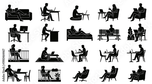 Black  White Silhouette Icons of People Working on Laptops, Technology
