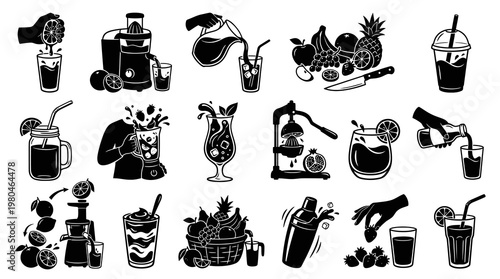 Black and White Line Art Icons of Fresh Juices and Fruits