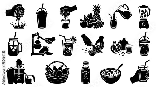Fruit Juice  Healthy Drink Icons Set: Black Glyph Silhouettes of Fruits, Juicers, Blenders