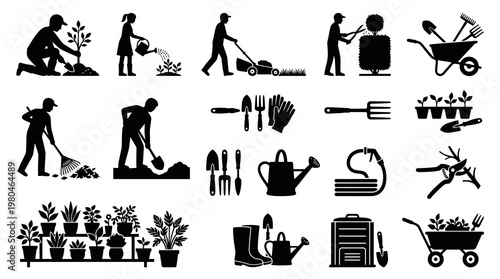 Black and White Glyph Icons of Gardening Activities and Tools