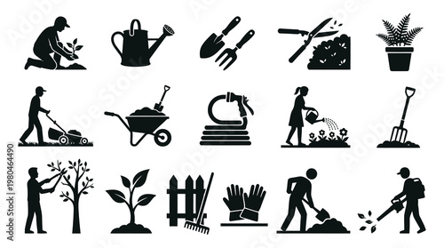 Gardening Icons Set - Black and White Silhouettes of Tools and Activities