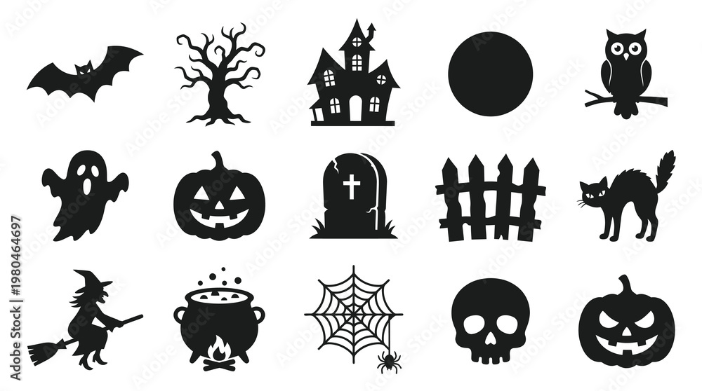 Fototapeta premium Spooky Halloween Holiday Black Silhouette Glyphs Icon Set - Festive Objects Vector Collection