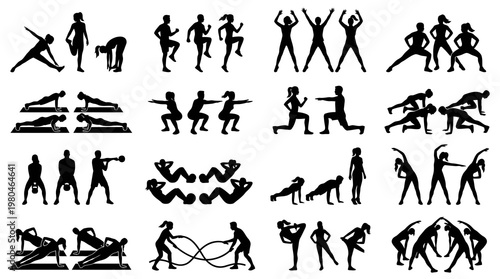 Black  White Fitness Exercise Workout Silhouettes Vector Glyph Icon Set