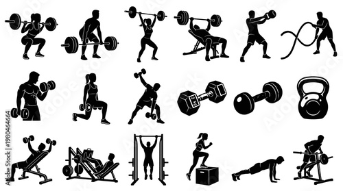 Fitness Workout Glyphs: Gym Exercise  Equipment Black and White Silhouette Icons