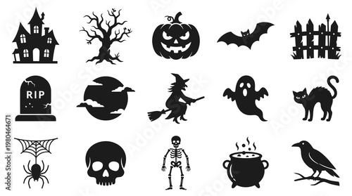 Halloween Spooky Glyph Icons Set - Haunted House, Pumpkin, Ghost, Witch Silhouette Vector