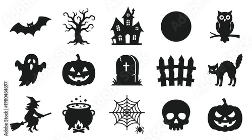 Spooky Halloween Holiday Black Silhouette Glyphs Icon Set - Festive Objects Vector Collection
