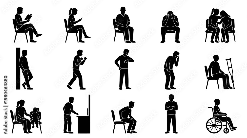 Obraz premium Diverse People Silhouettes - Sitting, Standing, Waiting, Injured, Wheelchair