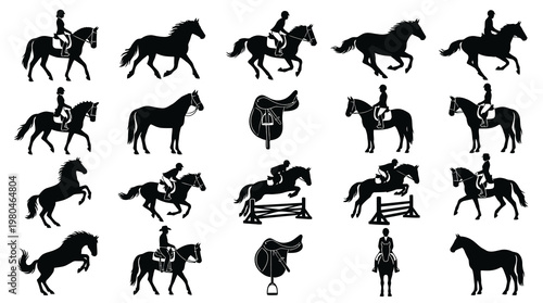 Black  White Horse Riding Silhouettes Icon Set, Equestrian Stock Vector Art
