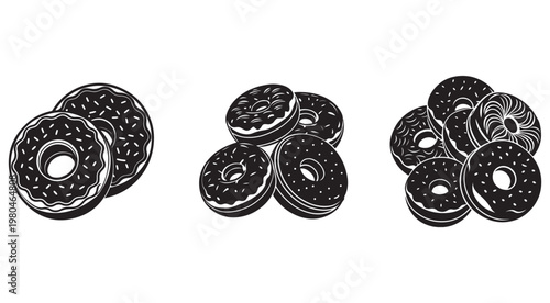 Black and white illustration of multiple donuts with various toppings and sprinkles in different piles on white background