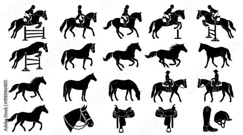 Equestrian Horse Riding Silhouettes: Vector Collection of Horses, Riders and Equipment