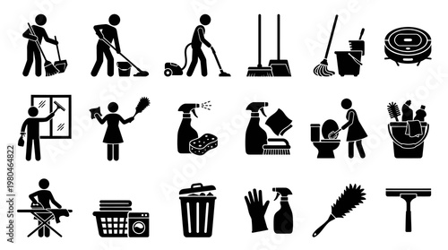 Cleaning Housekeeping Services Activities and Tools Black and White Silhouette Icon Set