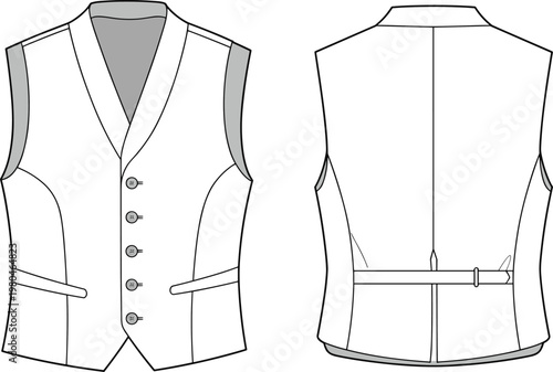 Flat vector line drawing waistcoat illustration, fashion garment design sketch tailored