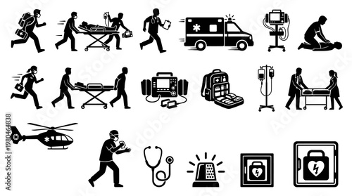 Medical Emergency Icons: Ambulance, CPR, Stethoscope, Helicopter, Doctor