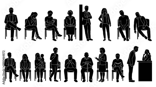 Black and white vector illustrations of people sitting in a waiting room, diverse