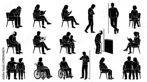 Black  White Silhouettes of Diverse People Waiting in Various Poses