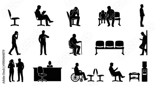 Black  White Silhouettes of People Waiting in a Medical Office or Waiting Room