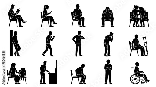 Diverse People Silhouettes - Sitting, Standing, Waiting, Injured, Wheelchair