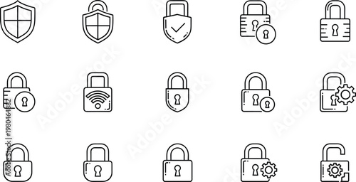 Minimal outline padlock security icon set featuring shield protection encryption access control symbols for cybersecurity interface design