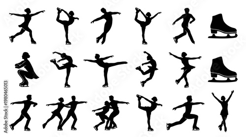 Ice Skating Sport Silhouettes Glyphs - Male and Female Skaters with Boots Icons