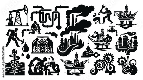 Oil and Gas Industry Vector Icons Set - Petroleum Production, Refining, and Energy Glyphs