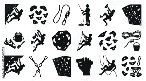 Climbing Icons Set - Rock Climbing Gear  Silhouette Vector Art