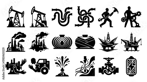 Oil and Gas Industry Icons: Pumpjack, Refinery, Platform, Workers, Valve, Energy