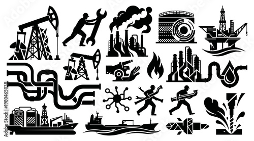 Oil and Gas Industry Icons: Pumps, Rigs, Factories, and Workers in Black and White Glyph Style