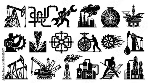 Industrial Oil and Gas Glyph Icons: Energy, Refinery  Production Equipment Set