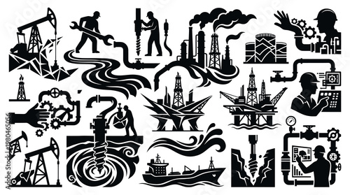 Oil and Gas Industry Icons: Drilling Rigs, Workers, Factory, Offshore Platforms