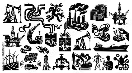 Energy Industry Black  White Glyph Icons Set: Oil, Gas, Renewables  Industrial Symbols