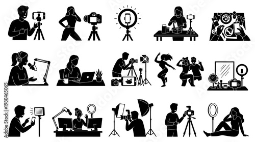 Influencer Content Creation Glyph Icons: Social Media Vlogging Blogging Streaming Equipment Set