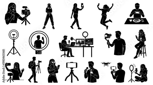 Black and White Icons of Content Creators with Cameras and Phones
