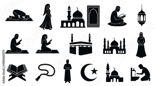 Islam Religion Icons Set. Black and White Glyph Silhouettes of Worship, Mosques, and Symbols.