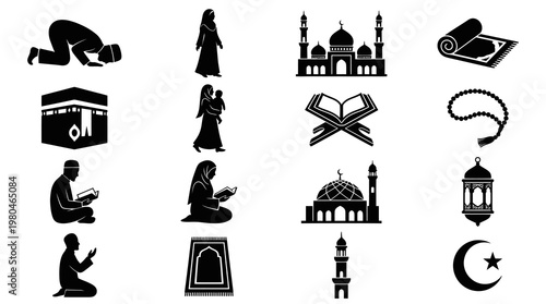 Black and White Muslim Islam Religion Glyph Icons Vector Set