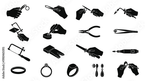 Black  White Glyph Icons: Jeweler Tools and Jewelry Making Process