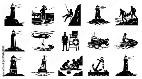 Maritime Safety Rescue Coastal Navigation Glyph Icons Set