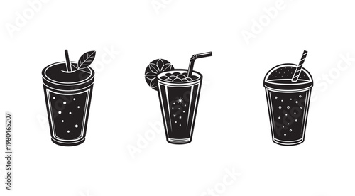 Black and white illustration of three cold drinks with straws and different garnishes on white background