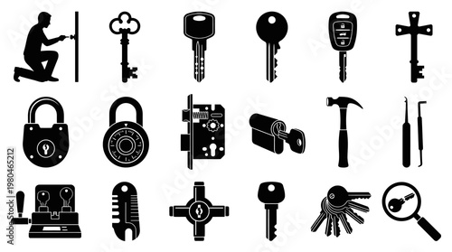 Locksmith and Security Industry Black  White Glyph Icons Set with Keys, Locks, Tools