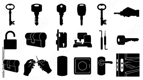 Locksmith  Security Black Silhouette Icons: Keys, Locks, Tools, Safes Vector Set