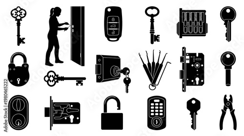 Locksmith Security Keys Locks Tools Glyph Icon Set Vector Silhouette